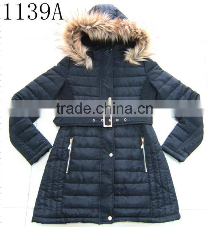 Fur lining long style jacket lady winter coat with hood