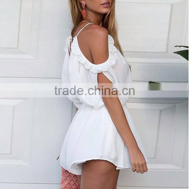 HAODUOYI Women V Neck Halter Neck Stretch Waistband Off Shoulder Culotte Jumpsuit