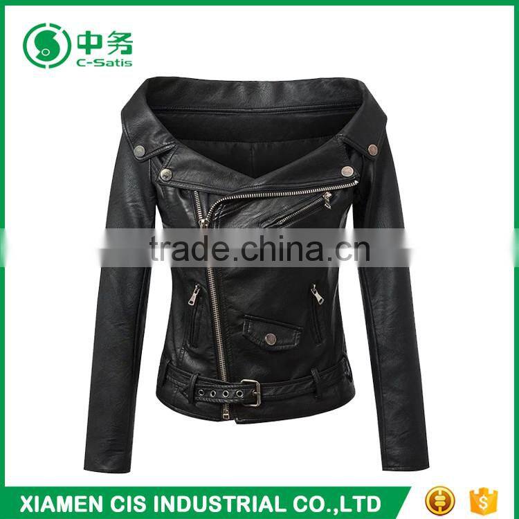 Fashion Design Women Black Motorcycle Leather Jacket for Sale