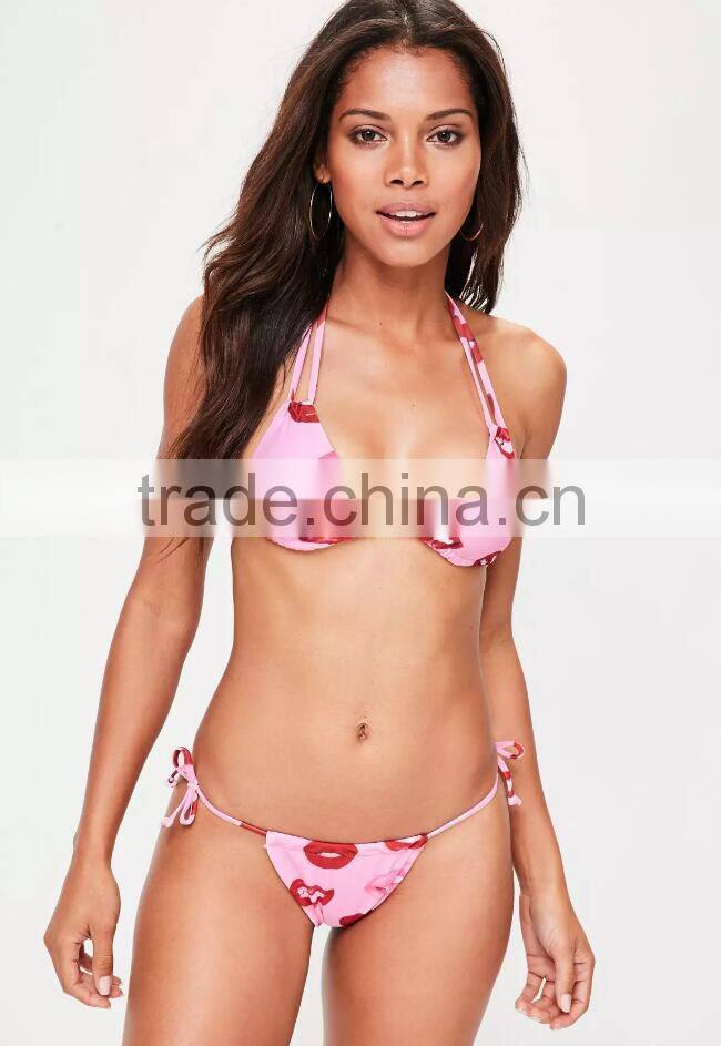 MGOO Fashion Pink Lip Print Bikini Set Poly Stretchy Fabric Sexy Minimal Design Swimwear Triangle Gathered