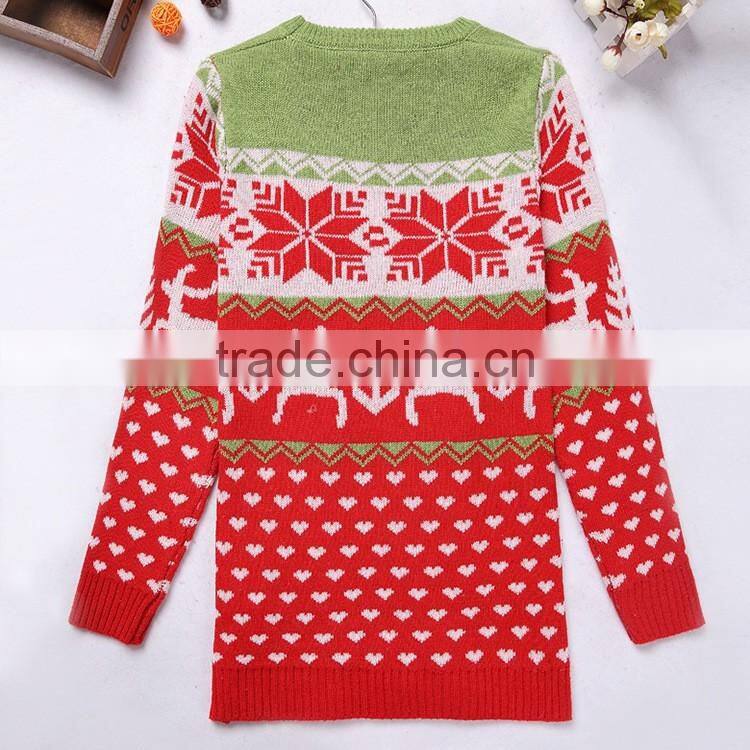 Fashionable design long style red snowflake patterns ladies Christmas sweater