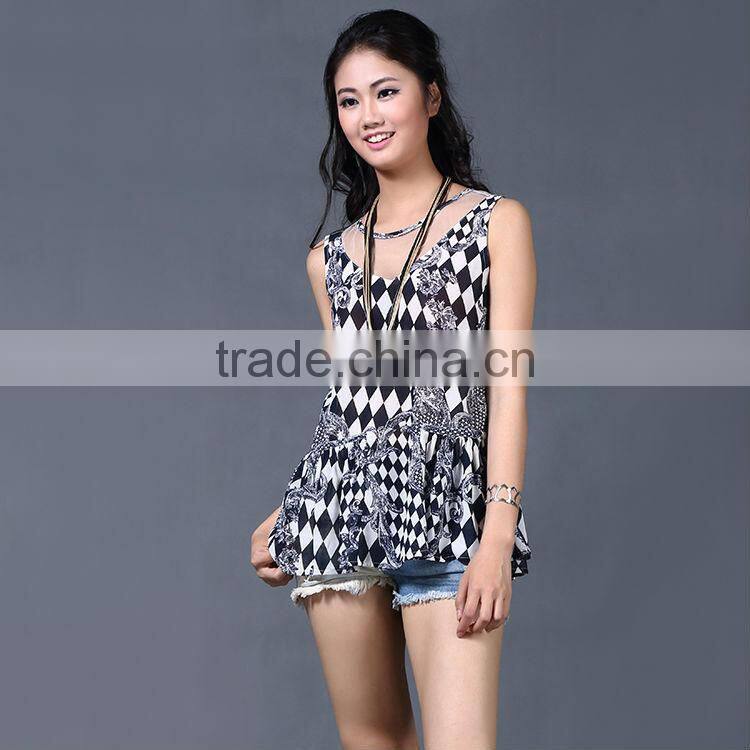 2017 wholesale black pattern print see through shoulder sleeveless blouse