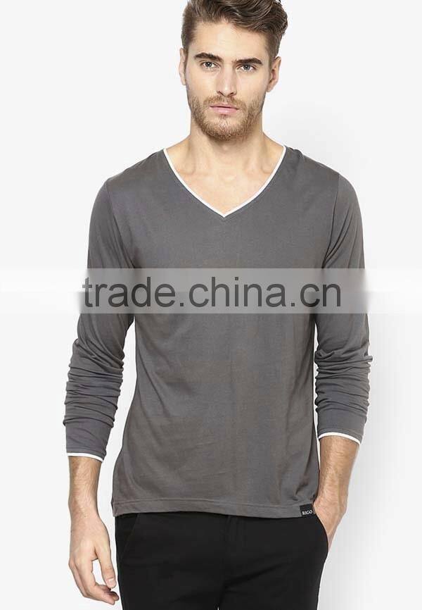 wholesale 100% cotton grey V-neck long sleeve t-shirt