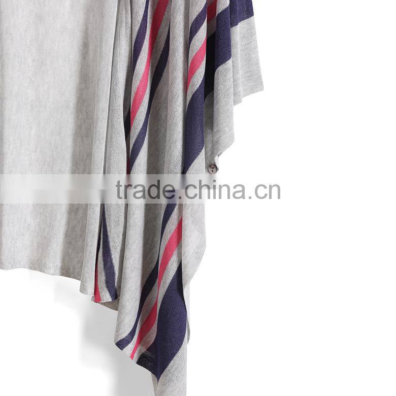 fashion design 3/4 batwing sleeve no button triped knitted poncho