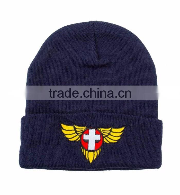Navy stitching knitted custom acrylic beanie with logo embroidery