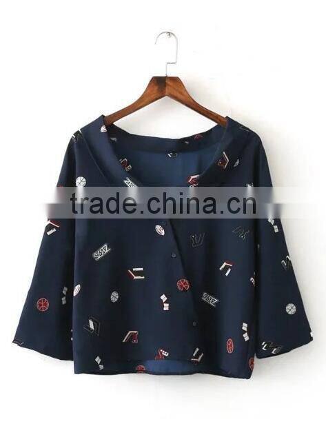 Runwaylover EY2339B Europe Style 2017 Ladies Fashion Label Printed Blouse