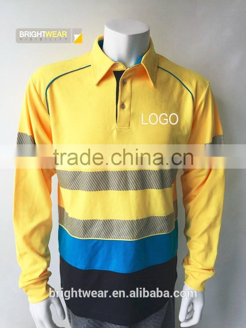 Wholesale contrast long sleeve hi vis safety 3M tape AS/NZS reflective fluorescent polo shirt