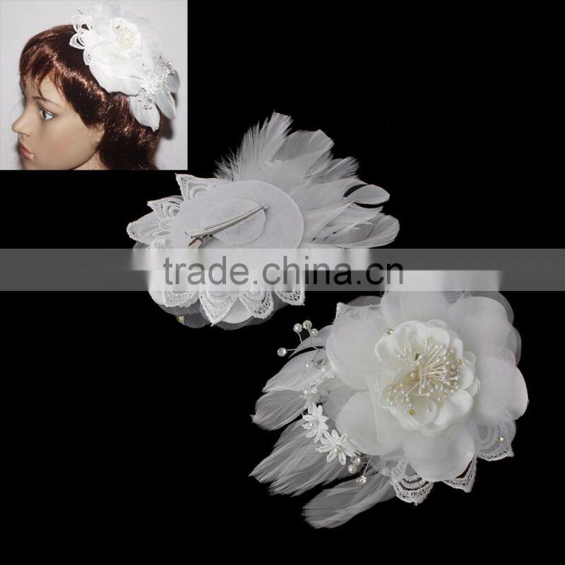 White Feather Clear Rhinestone Gauze Bride Headdress Flower