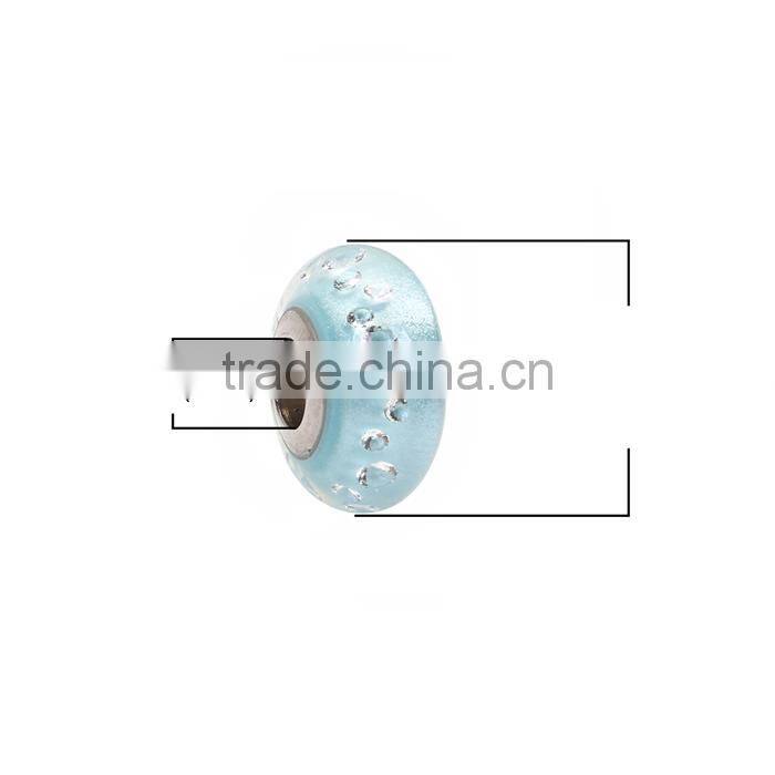 Lampwork Glass&Cubic Zirconia European Style Large Hole Charm Beads Round Green Blue Clear W/ Stainless Steel Silver Tone Core