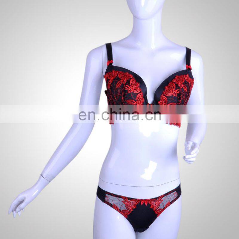 Factory Price Red Lace Embroidered Bra Panties Set, Bra T-Back Panties Set