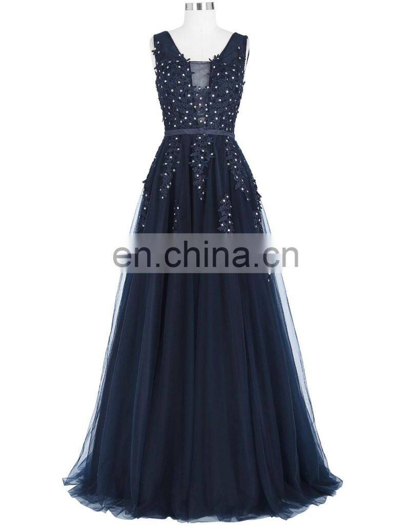 Grace Karin Elegant Deep V-Back Soft Tulle Netting Sleeveless Long Navy Blue Evening Dress 8 Size US 2~16 GK000130-1
