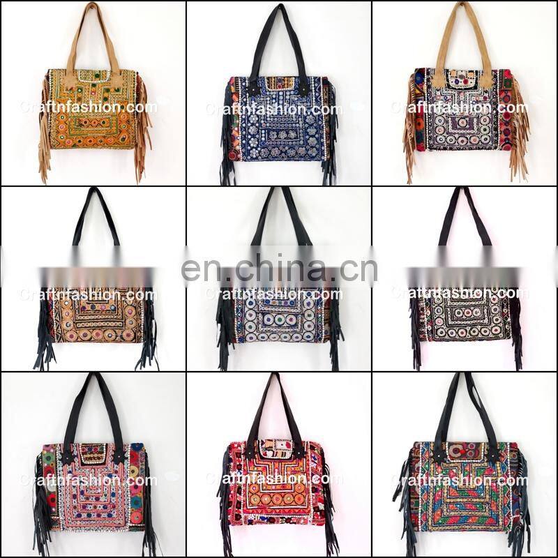 indian village Handmade Embroidery work Fringes leather bag- Antique Indian Banjara leather fringe Tote Bag- Indian Vintage bag