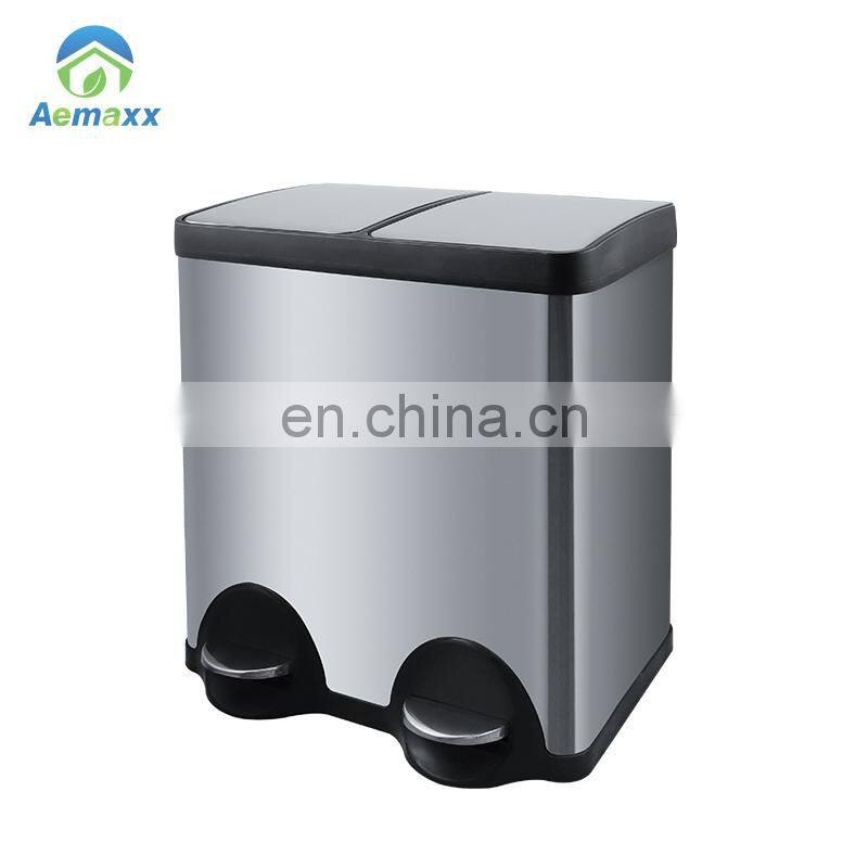 Hot Sale 40L/50L Stainless Steel Pedal Type Recycling Bin two compartment trash can