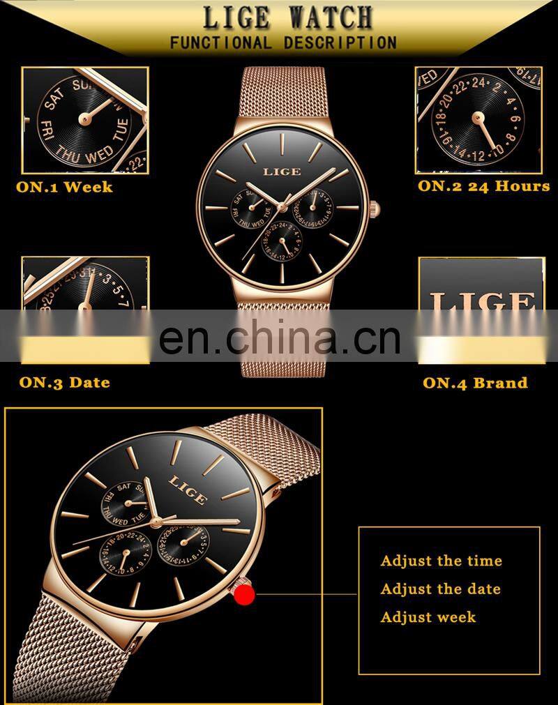 Top Brand LIGE Watches Men Super Slim Mesh Stainless Steel Luxury Casual Quartz Clock Ladies Wristwatch Relogio Feminino