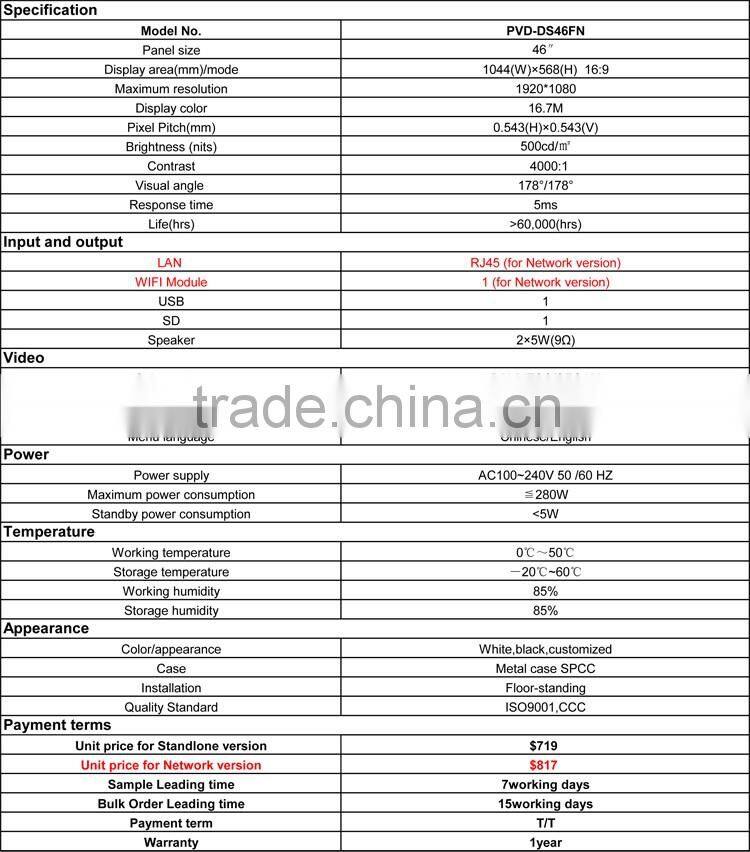 46 inch Trade assurance high quality all in one indoor lcd advertising monitor