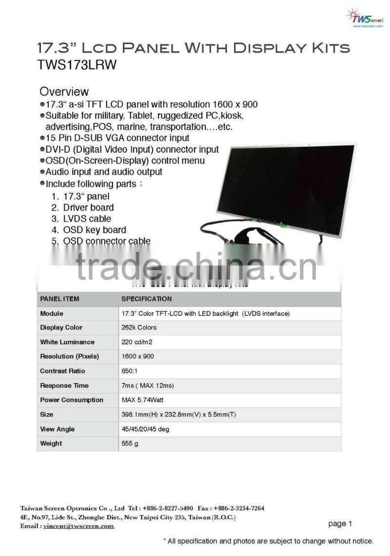 DIY Transportation Panel Kit with 17.3" Tft Panel with 1920x1080 resolution