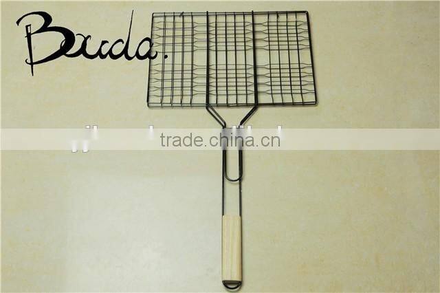 Stainless Steel Double Barebecue bbq Grill Net with wooden handle BD-B8100