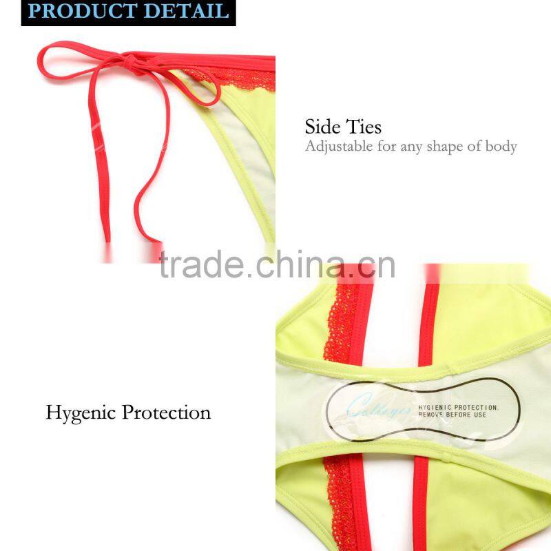 New Sexy Triangle Top 2016 Bikini Swimsuit Greenish Yellow + Red Lace with Classic Cut Bottom Colloyes