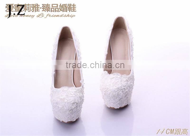 OW17 pure white lace beads wedding shoes sexy high heel platform wedding shoes