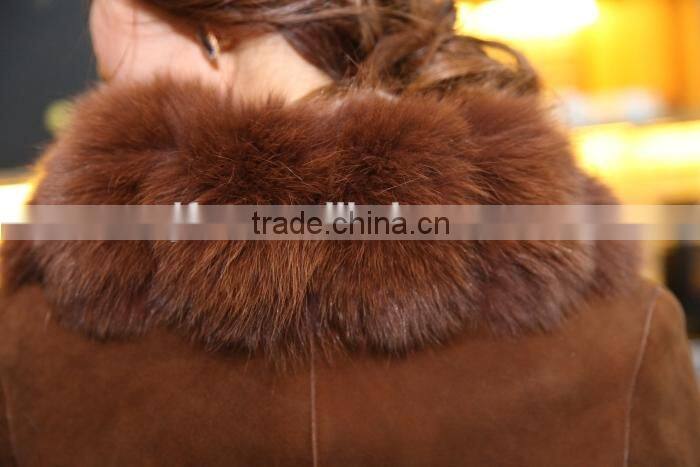 Fashion Design Double Face Shearing Lamb Fur Garment With Fox Fur Collar Detachable