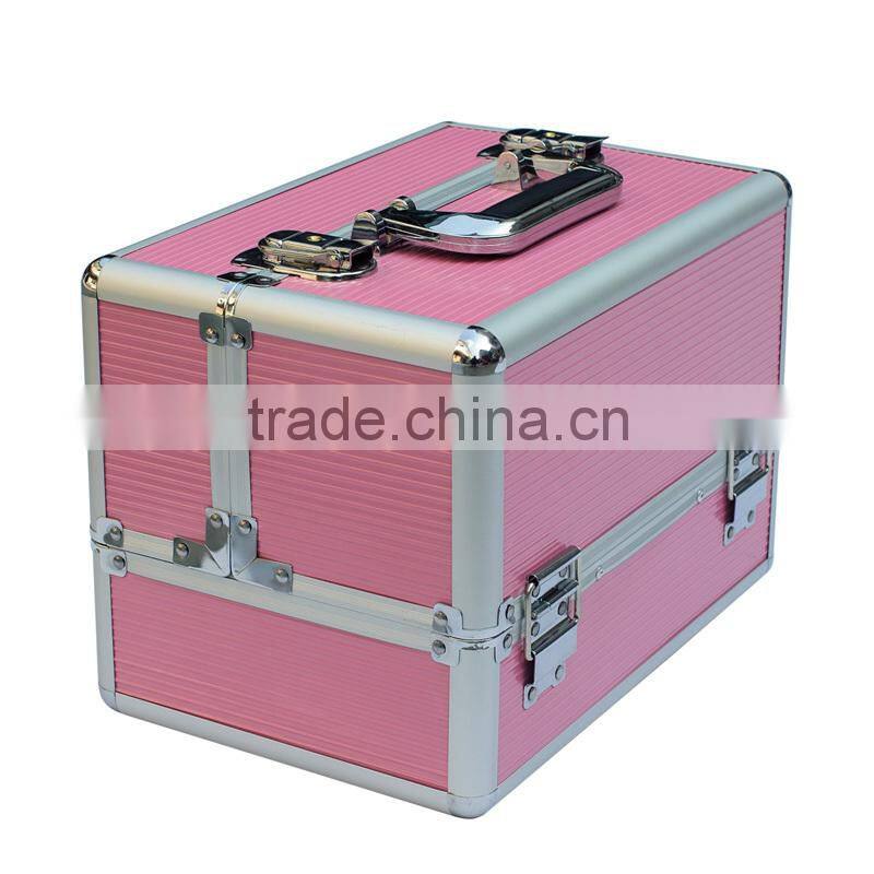 Pink professional beauty double-open with trays hard vanity case,aluminum makeup case empty