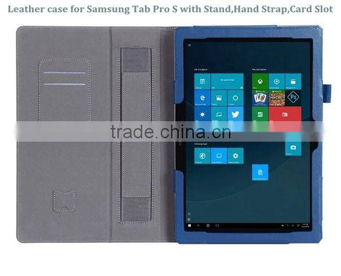 Factory Direct Pricing Cow Leather Multifunctional Case for Samsung Tab Pro S with Built in Stand, Hand Strap