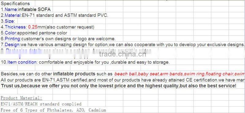 2016 plant sale popular EN71/ASTM certification Elegant green pvc+flock inflatable air sofa for family