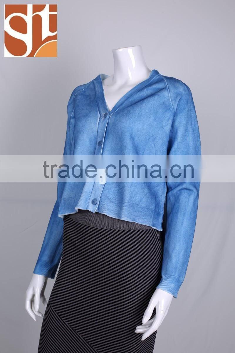 Famous products womens' V neck long sleeve cardigan cotton knitted sweater with button &spray print