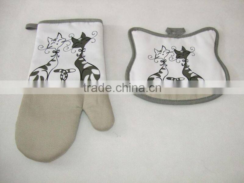 cotton twill material kitchen textile set silk screen printing oven mitten cat design shaped pot holder set