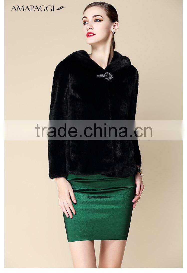 hot sale short black mink fur hooded coat for winter