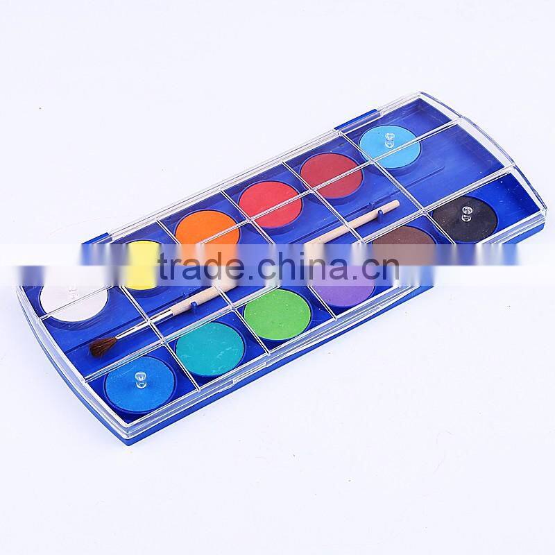 High Quality Kid School Art Material Stationery With Wood Horse Brush 12 Color Watercolor Set, 12 Color Watercolor Palette