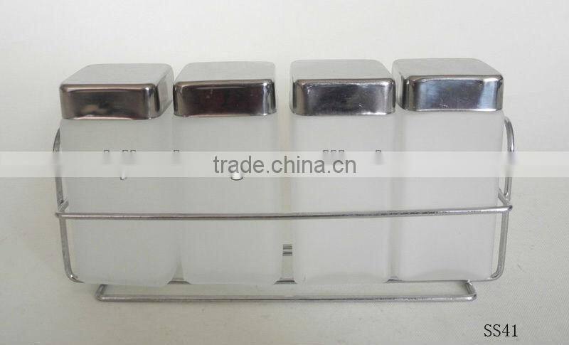 4 pcs square frosted glass spice jar set with metal stand