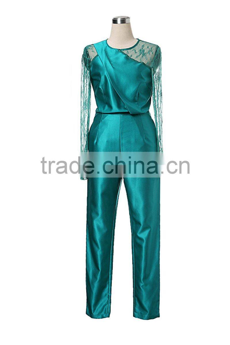 Autumn Round Neck Embroidered Mesh Patched Long Sleeve High Empire Pleated Women Jumpsuit