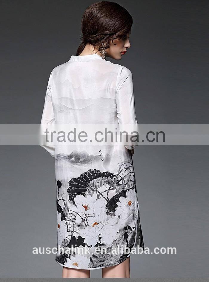 2016 newest summer woman white long chinese silk shirts OEM service
