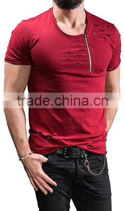 Curved hem blank distressed t shirts mock holes longline tee