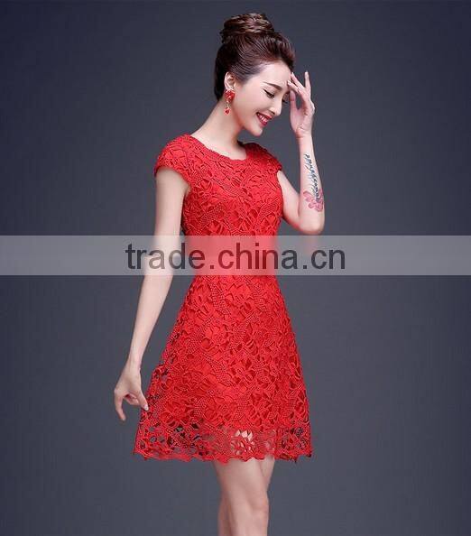 newest red lace plain young girl short sleeve casual dress