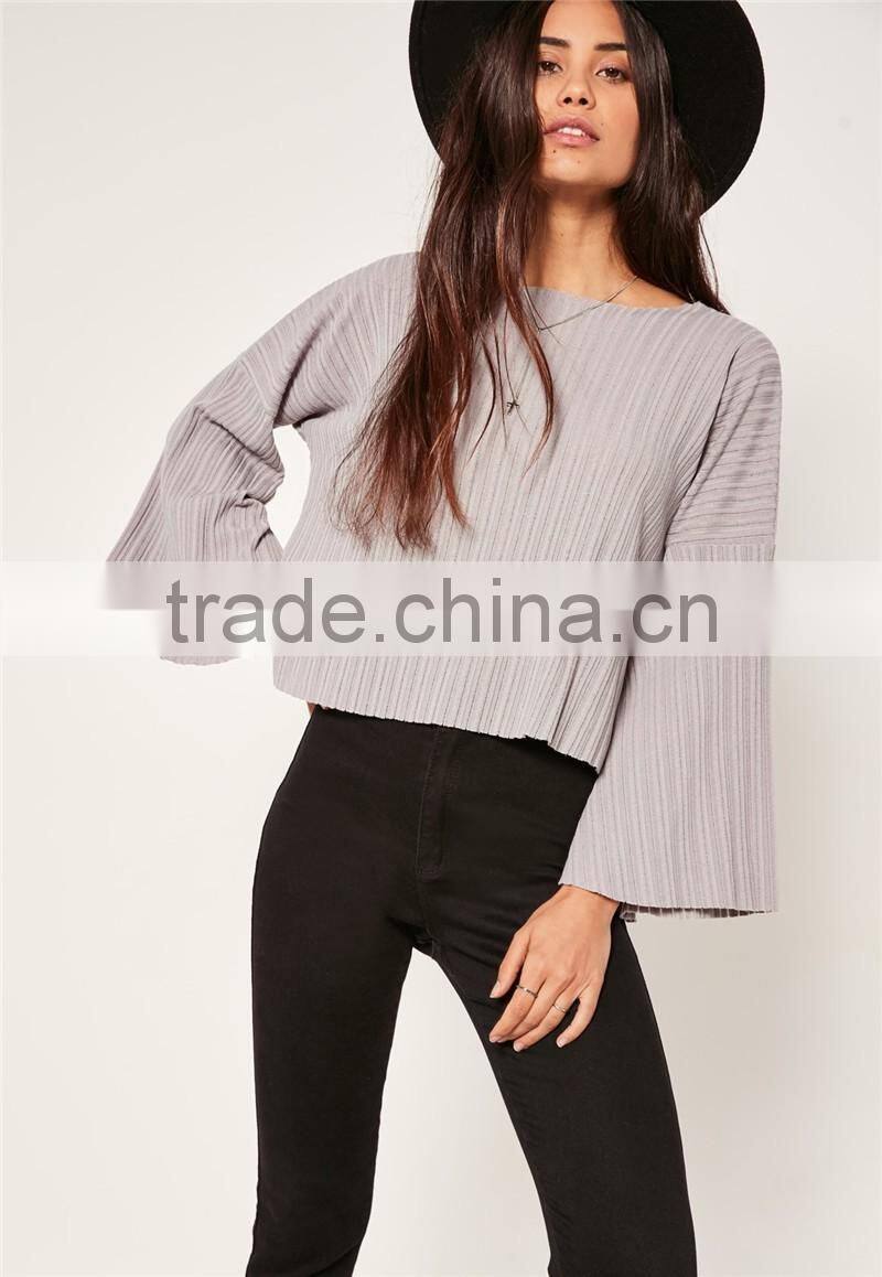 MGOO custom Made 2017 Fashion Tops Sheer Neck Long Sleeves T-shirt Cotton Spandex Flare Sleeves Manufacturer