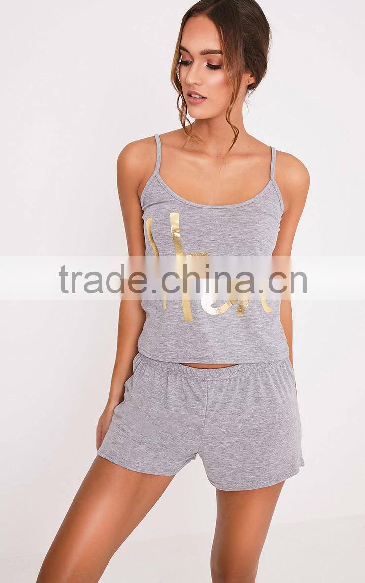MGOO Slogan Grey Pyjama Short Set 100%Cotton Summer Slip Pajamas Custom Logo Golden Ink Print PJ Set