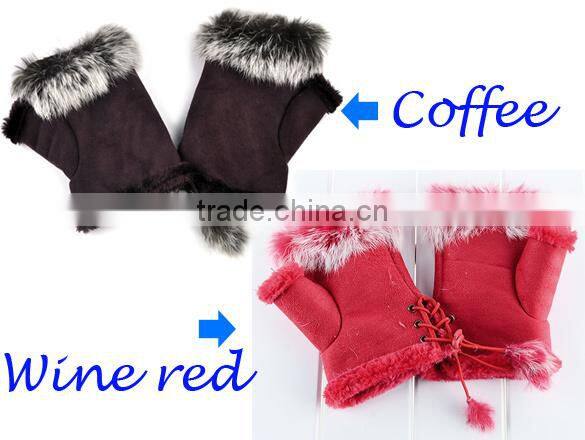 2015 New Women's Rabbit Fur Hand Wrist Fingerless Warm Winter Gloves 3379