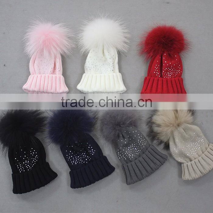 Myfur Elegant White Raccoon Fur Pom Poms Attached Wool Knitting Beanie Hat Wholesale
