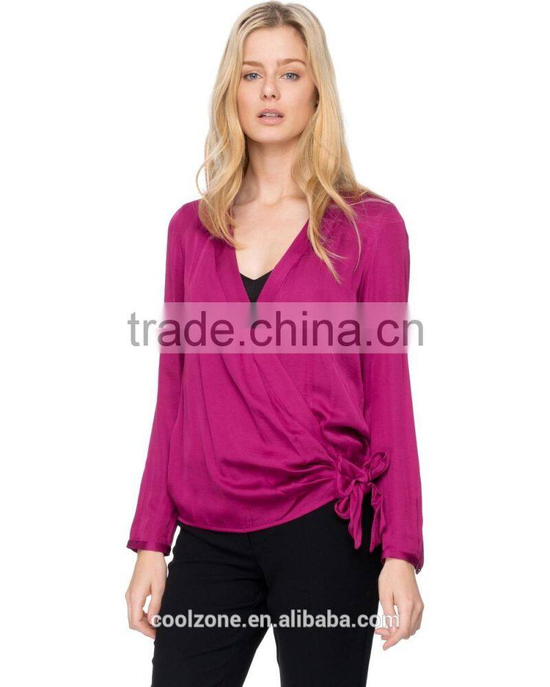 Daily fit long sleeve wrap-style lady blouse for middle aged women
