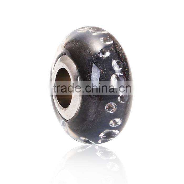 Lampwork Glass & Cubic Zirconia European Style Large Hole Charm Beads Round Black Clear W/ Stainless Steel Silver Tone Core