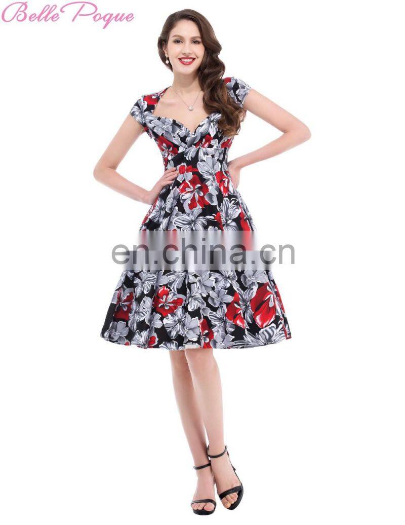 Belle Poque Stock Cap Sleeve V-Neck 17 Patterns Cotton Vintage Retro 50s Dress BP000001-4