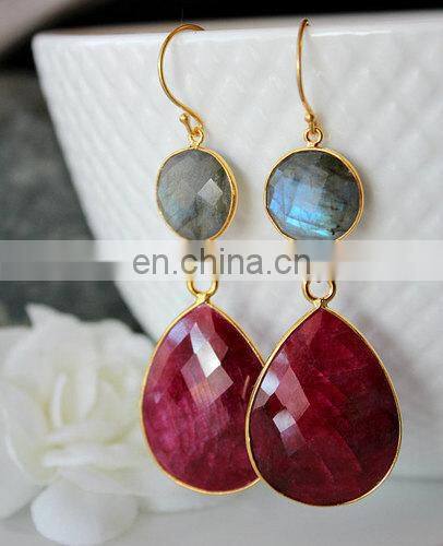 Crystal Quartz Bezel Set Gemstone Earring/Double stone earrings/2015 women fashion earrings