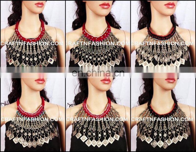 Belly Dance Costume 1960s Ethnic Statement Necklace Vintage Style Kuchi Necklace - Afghan Bib Tribal Jhummer Necklace set
