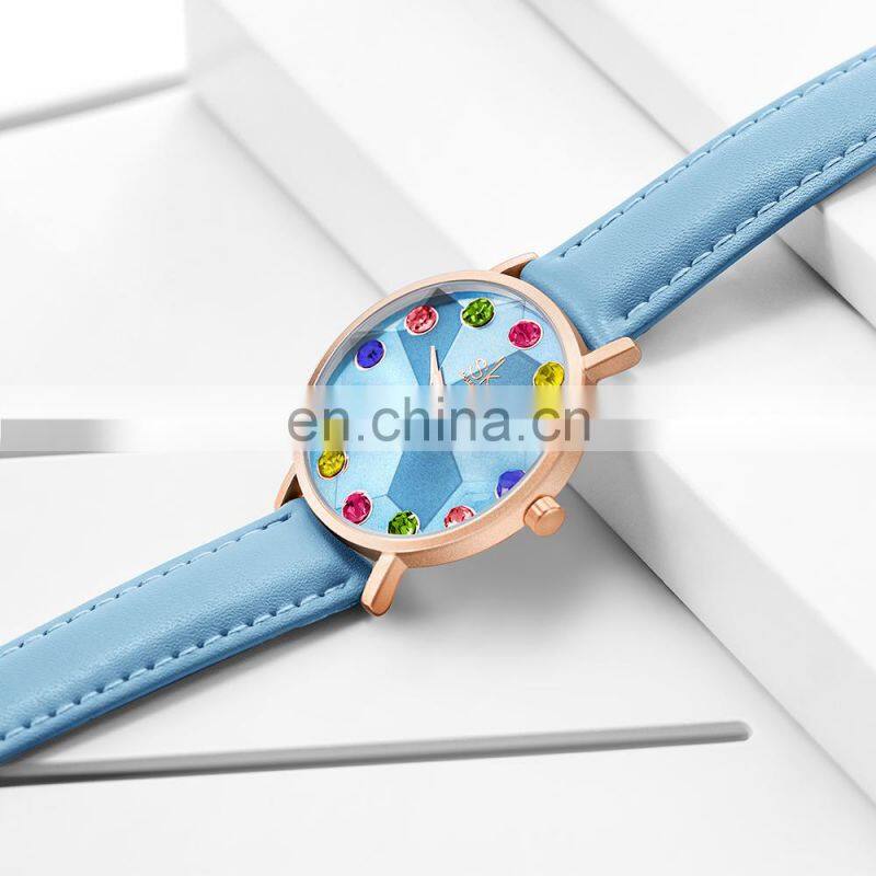 SHENGKE SK Woman Watch Drop Shipping Watches K0157L Blue Leather Wristwatch Japan Quartz Movement 2035 Big Stone Bling Dial