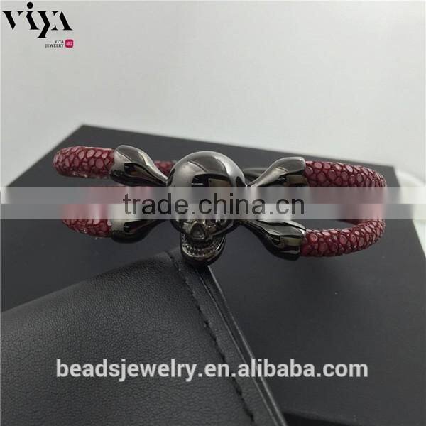 2016 China Factory Personal Logo Words Bracelet, Stingray/ Python Skin Leather Bracelet With Stainless Steel Skull Double Eyes