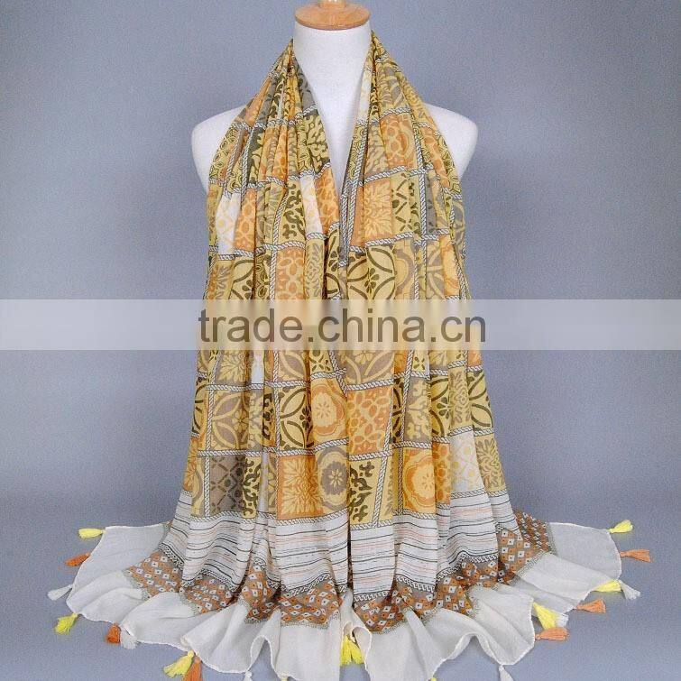 Yellow Leaf Flower Print Women Ladies Tassel Viscose Hijab Scarf Muslim