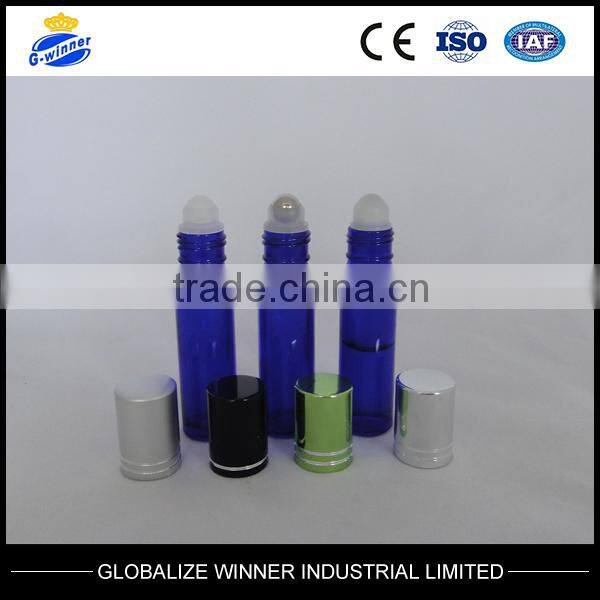 10ml bule glass roll on bottle with aluminum cap with plastic ball steel ball