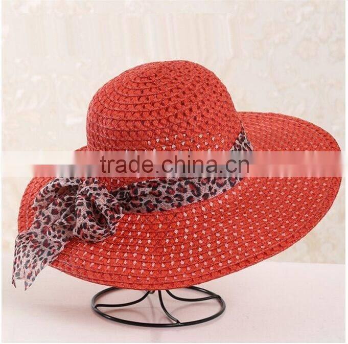 QXSH0055D Red strip straw beach hat for women Fedora